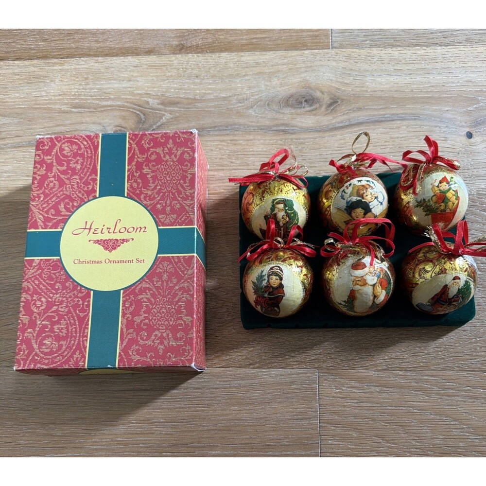 Vtg Heirloom Christmas Ornaments Paper Mache Style Victorian Balls 2.5” Set Of 6